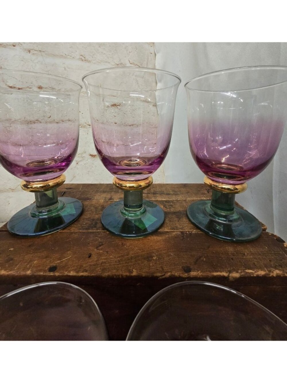 6 Krosno Poland Purple & Green Stemmed Glasses Gold Accents - Picture 2 of 5